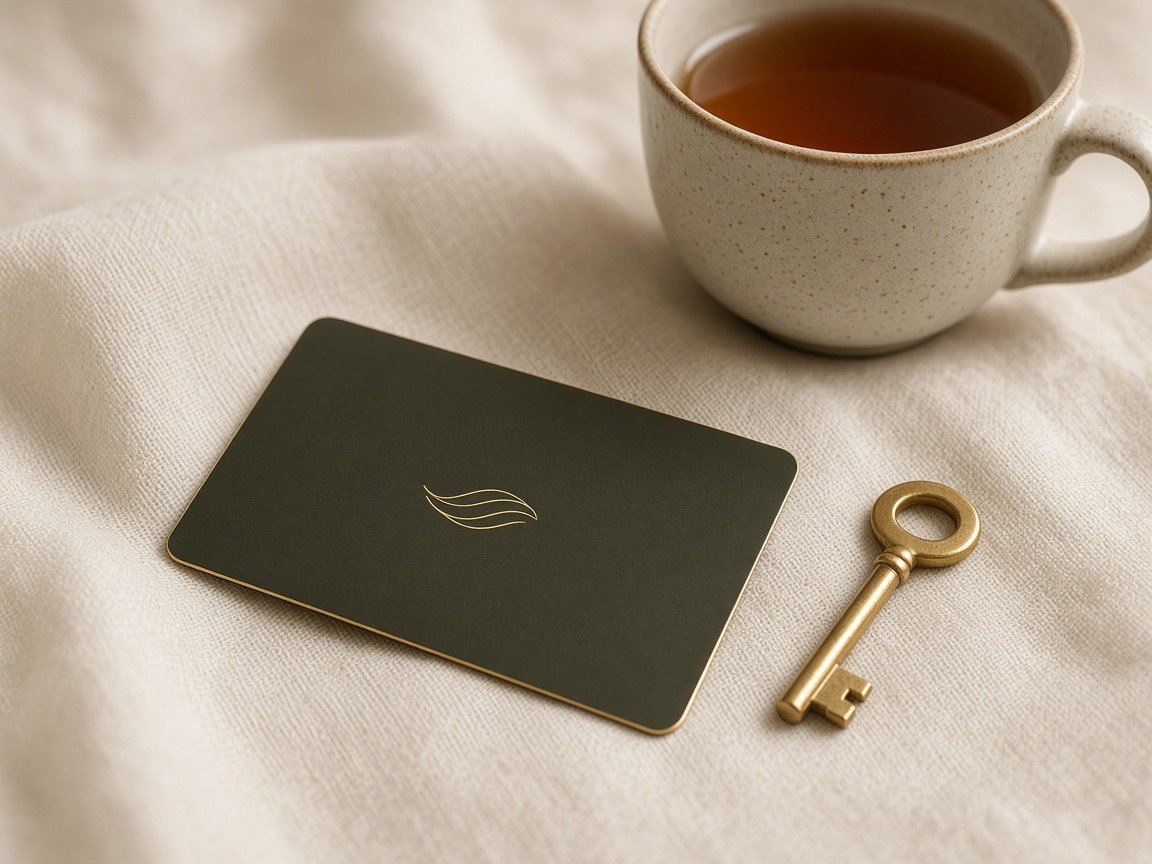 Privé membership card and key arranged beside herbal tea