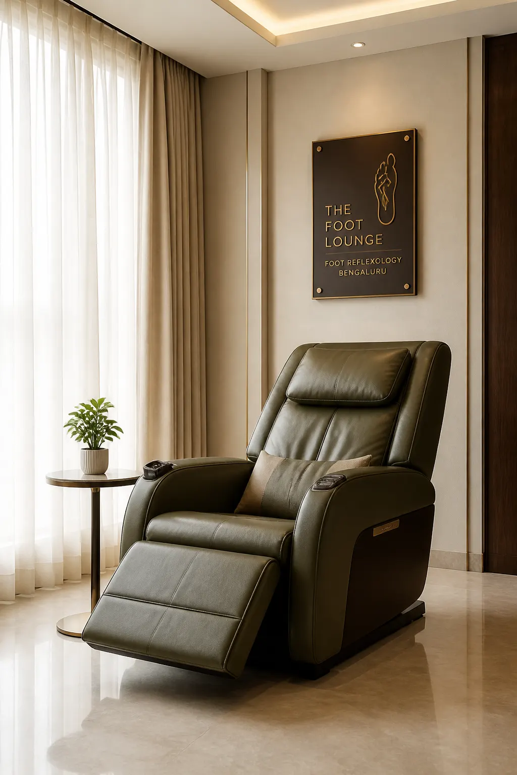 A reflexology recliner in a quiet lounge setting